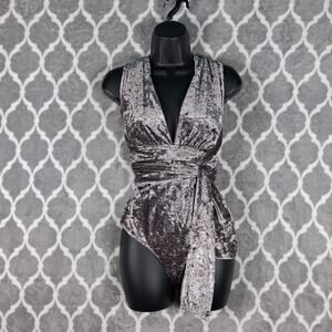 Intimately Free People Bodysuit Sz M Gray Velvet Wrap Tie Waist Plunge Snap‎